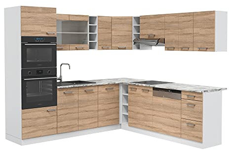Vicco Eckküche R-Line, Küchenzeile in L-Form, Sonoma/Weiß, 237 x 247 cm, AP Eiche