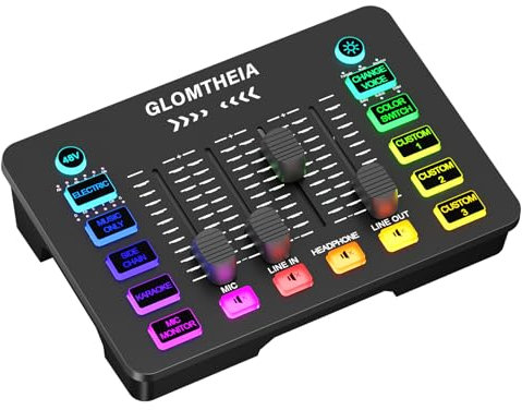 Glomtheia Audio Mixer Sound Board Equalizer for Gaming Podcast Streaming Karaoke, 4 Channel Soundboard for PC PS4 PS5 with XLR Condenser/Dynamic Microphone Interface, Voice Changer