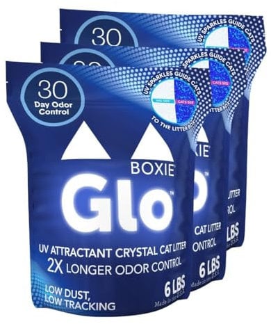 Boxie® Glo™ 30 Day Odor Control Non-Clumping Crystal Cat Litter, 18 lb, Natural Attractions, UV Light Attractant, Soft Granules, 99.9% Dust-Free, Long-Lasting for Multi-Cat Homes (3 Pack of 6lb Bags)