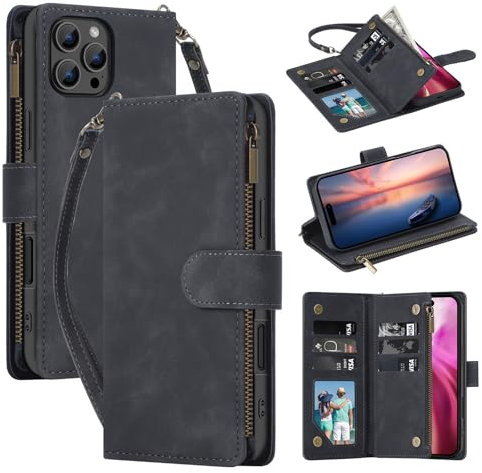 QLTYPRI Case for iPhone 16 Pro Max 6.9 inch, Large Capacity Leather Wallet Case 6 Card Holder & 1 Zipper Pocket Kickstand Wrist Strap Magnetic Case for iPhone 16 Pro Max - Black