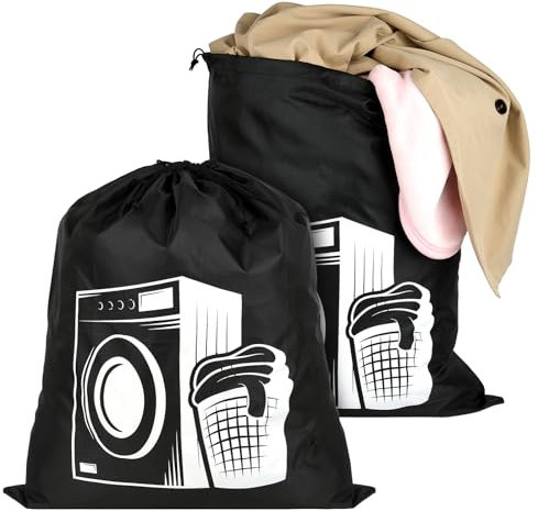 2 Stück Wäschebeutel Reise, Wäschesack Reise, Wäschesack Groß mit Kordelzug, Wiederverwendbar Wäschebeutel Schmutzwäsche, Faltbarer Laundry Bag zur Kleideraufbewahrung, 60 x 50 cm, Schwarz