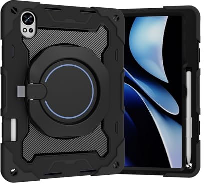 Case Tablet PC Coque for Enfants for Huawei MatePad Air 12 Pouces 2024, poignée rotative à 360 °, Support 3 en 1, Coque incassable, Anti-Chute, bandoulière Tablet Couverture arrière(Svart)