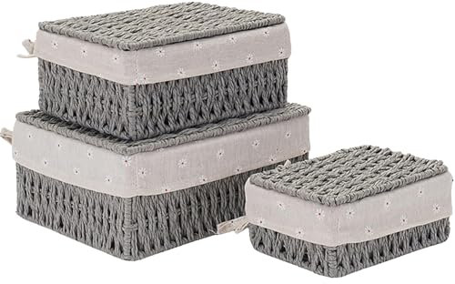 Kongming Aufbewahrungsbox mit Deckel & Futter 3 Stück Aufbewahrungskorb aus Papierseil Boho-Decor Korb Geflochten Badezimmer Organizer Boxen Aufbewahrung für Küche Bad Schlafzimmer Balkon (Grau)