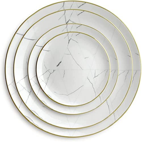 Juego de vajilla de Porcelana China con Borde Dorado y mármol Blanco, Plato de cerámica Occidental para Comida, Plato de Carne, Plato de Hotel
