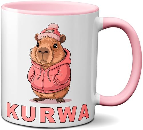 TassenKing Original - Tasse mit Spruch Kurwa - Kaffeetasse lustig polnisch, Polen - Spülmaschinenfest Keramiktasse Weiß/Rosa - 320 ml
