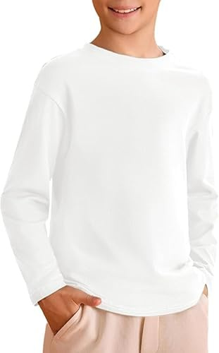 Haloumoning Boys' T-Shirt Kids Long Sleeve Crew Neck Plain Basic Shirt Leisure Sports Tees Tops 5-14 Years, White, 11-12 Years