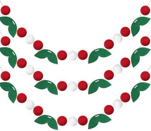G2PLUS Aufgefädelt Weihnachten Filzkugeln Girlanden: 3 Stück Handgemachte Pompom Girlande, 36 Rot und Weiß Bälle à 3CM und 11 Grün Blätter pro Girlande, für Weihnachten, Party und Fest Dekoration