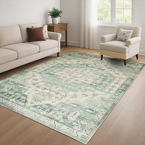 Aspire Homeware Washable Rugs Living Room 80 x 150 cm Vintage Design Sage Green Rug for Dining Room Soft Area Rugs for Bedroom Non Slip Rug for Kids Room Low Pile Plush Carpet, Ember