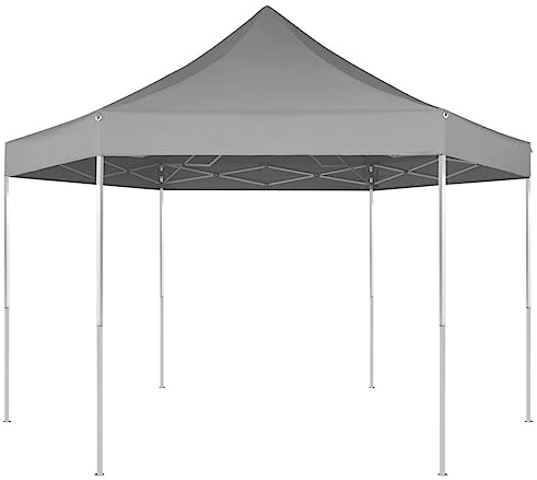 HETFTJN Pop-Up Faltpavillon 3,6 x 3,1 m Grau Hexagon Stahlrahmen Wasserresistentes Polyester Robust & Faltbar mit Befestigung inklusive für Garten Party Camping Grill