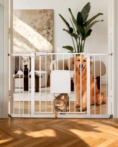 Baby Gate with Cat Door, 75-115CM Auto Close Durable Dog Gate for Stairs, Doorways and House, Easy Walk Thru Safety Gate with Pet Door, White