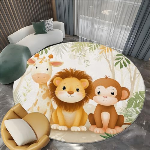 Rund Teppich Cartoon Dschungel Tier Löwe, Flauschig Weich Teppiche rutschfest Beige Runder Teppich für Schlafzimmer Eingangsbereich Wohnzimmer und Flur, 120 cm