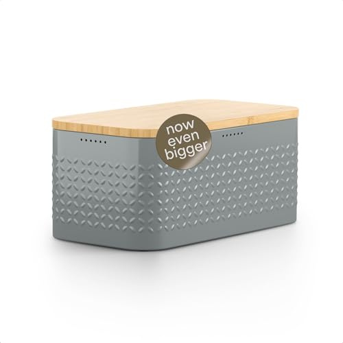 LARS NYSØM Bread Box I Metal bread box for long lasting freshness with non-slip pads I Baked goods Bin with bamboo lid usable as cutting board I 34.5x18.5x15.8cm (Ash Gray)