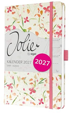 SIGEL Jolie Wochenkalender 2027 A5 weiß rosa Hardcover | 7J307, Mit Gummiband, Stiftschlaufe, Einstecktasche, 174 Seiten, vegan, Buchkalender, Taschenkalender