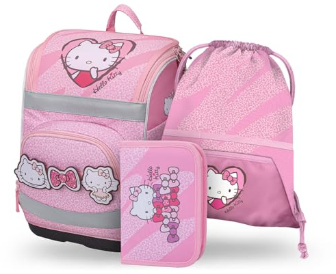 Baagl Schulranzen Mädchen Set 3 Teilig Schultasche 21 l - Hello Kitty Sweet | Ergonomischer Schulrucksack und Grundschule Ranzen für 1. Klasse bietet mit Brustgurt und Hüftgurt Platz für Mäppchen.