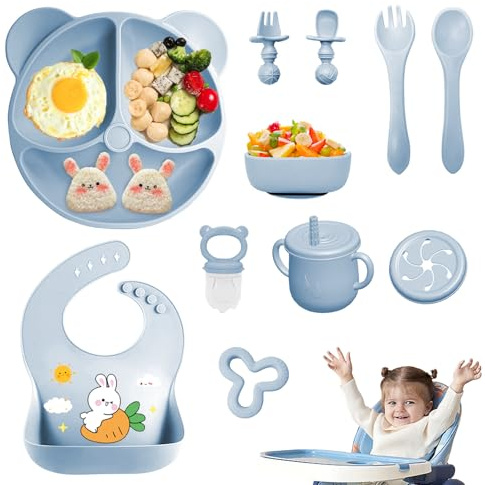 Vajilla Bebe Silicona, 11 Piezas Vajilla de Silicona para Bebés Antideslizante, Cubiertos Bebe para Comer Destete, Con Babero Taza Plato Cuenco, Juegos de Vajilla Bebe, Sin BPA (Azul)