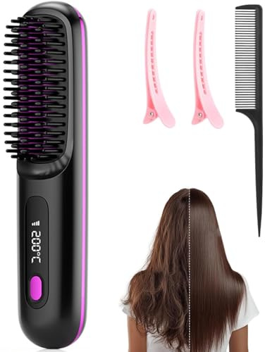 Yoarmyt Tragbare Glättungsbürste für Haarstyling, Elektrischer Haarglätter, Wiederaufladbare beheizte Stylingbürsten, Mini Verbrühungsschutz Glättungskamm für Reisen und täglichen Gebrauch (Schwarz)