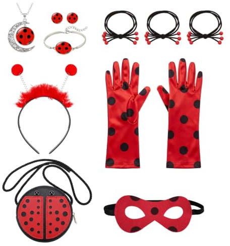 11 PCS Ladybug Kostüm für Mädchen, Lady Bug Zubehör 1 Maske 1 Tasche 4 Haarbänder 1 Handschuhe 1 Halskette 1 Ohrring 1 Armband 1 Halskette, Rot Schwarz Marienkäfer Kostüm Kinder für Halloween Party