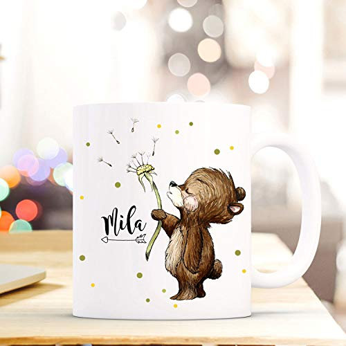 Tasse Becher mit Bär Bärchen & Pusteblume Geschenk mit Tiermotiv Kaffeetasse Bärchentasse mit Namen Wunschnamen Kaffeebecher ts777