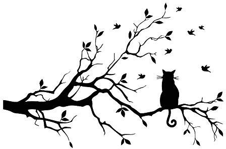 Ramo di un albero Foglie con gatto Adesivi murali Adesivi rimovibili Vinile Uccello Adesivo Adesivo Decor per la casa Camera da letto Soggiorno Scuola materna Asilo nido Decorazioni camere Nero