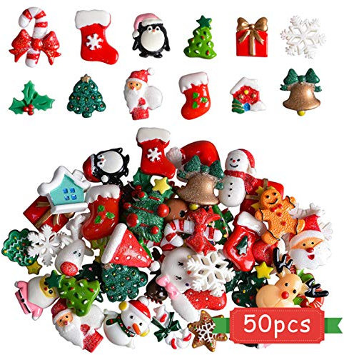 Kalolary Weihnachten Miniatur Ornamente, 50 Stück Harz Figuren Mini Weihnachtendeko, Santa Schneemann Baum Glocke Dekoration für Craft Making, DIY Scrapbook Zubehör Weihnachtsschmuck zum Bastel