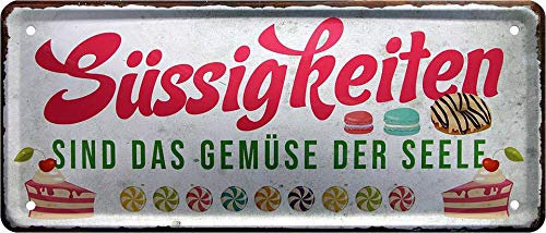 Blechschild Lustiger Spruch “Süssigkeiten sind das Gemüse der Seele“ Deko Küche Metallschild Eingang Tür Küchenschild Humor Geschenkidee Witziges Geschenk zum Geburtstag oder Weihnachten 28x12 cm