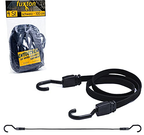 fuxton 4er Set Spanngummi kurz, flach mit Haken 100cm schwarz (Spanngurt, Gepäckgurt, Gummiband) für Gepäckträger, Fahrrad Träger, Rucksack, Auto, Camping und Motorrad