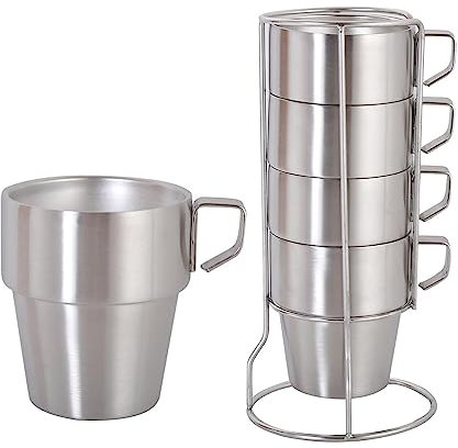 Ensemble De 4 Tasses À Café En Acier Inoxydable, Réutilisables Tasses À Café Incassables Tasses À Café À Double Paroi Tasses À Café Empilables Tasses À Thé Avec Support Et Poignée