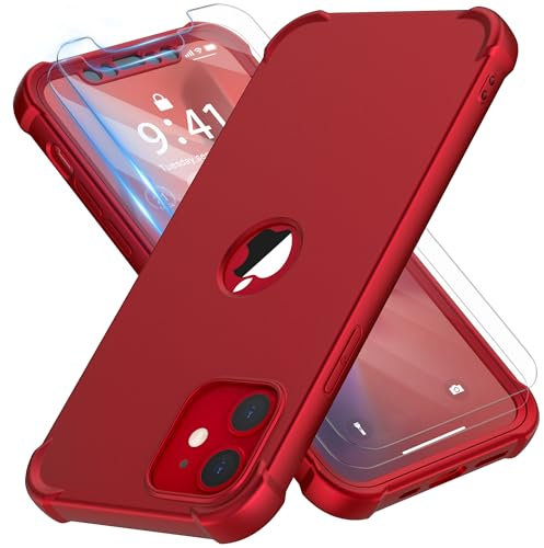 ORETECH für iPhone 12 Hülle Silikon, mit 2 Stück Schutzfolie, 360 Grad Ganzkörper Stoßfest Kratzfest Anti-Fingerabdruck Silikon Handyhülle für iPhone 12/12 Pro 6,1 Zoll, Rot