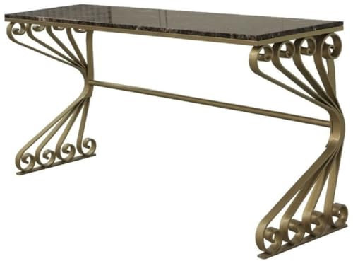 Casa Padrino Luxus Jugendstil Konsole Messingfarben/Grau 200 x 60 x H. 84 cm - Edler Konsolentisch mit Marmorplatte und handgefertigtem Schmiedeeisen Gestell - Wohnzimmer Garten Terrassen Möbel