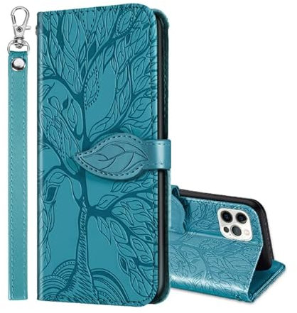 ONETHEFUL Handyhülle Tasche Book Cover für iPhone 12/12 Pro Hülle Kunstleder Klappbar Flip Phone Case Brieftasche Huelle Etui mit Ständer Blau