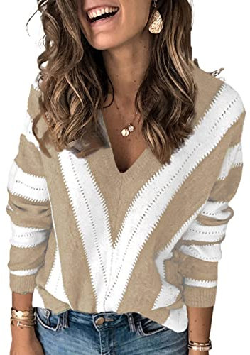 Uusollecy Jersey para Mujer de Cuello en V, Jersey Informal Holgado de Otoño-Invierno con Rayas, Caqui XL