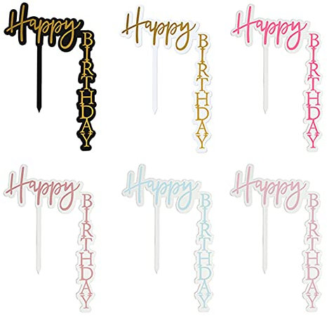 JKJF 6 Pcs Right Angled Shape Birthday Cake Toppers Acrylic Happy Birthday Cake Toppers Vertical Cake Picks for Birthday Party Cake Desserts Decoration Supplies - 6 Colors