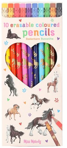 Depesche 12055 Miss Melody - Buntstifte Set mit 10 Farben im Etui, inkl. Radierer-Topper auf jedem Stift, zum Ausmalen in der Schule und Freizeit