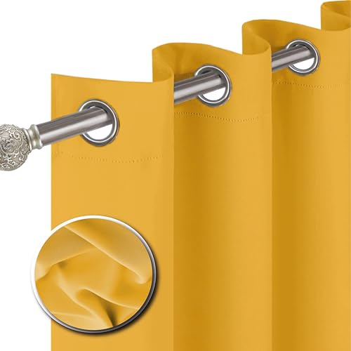 funky gadgets Blackout Curtains for Bedroom 90 Inch Drop Thermal Insulated Eyelet Curtains & Drapes Black Out Curtain for Kitchen, Living Room 2 Panels (66x90 Inch Yellow)