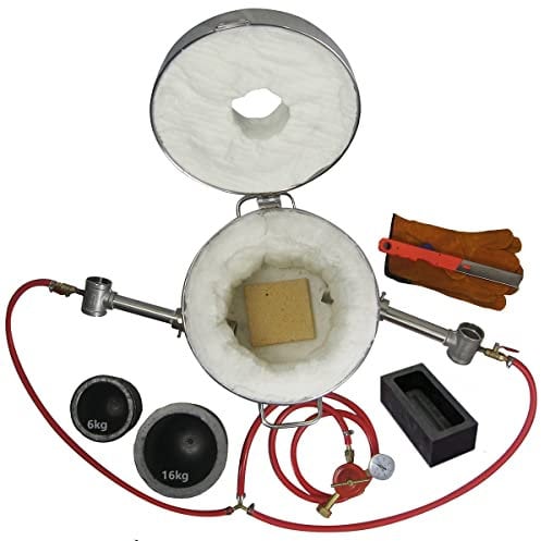 Kit de four à gaz propane double brûleur 16 kg, jusqu'à 1425 °C, 2 pots en graphite (16 kg et 6 kg) pour métal fondant, cuivre, laiton, aluminium, avec forme de bar, pince et gants