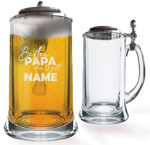 GRAVURMACHER® Bierkrug mit Zinndeckel und Gravur - Geburtstagsgeschenk zum Vatertag (Vatertag Motiv 05)