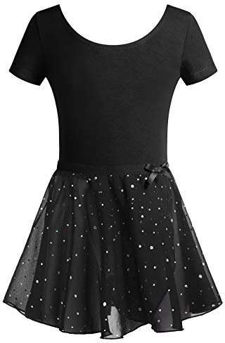 Arshiner Kinder Ballettanzug Kurzarm Mädchen Ballettkleidung Anzug Tanzkleid Tanzbody mit Rock Tütü mit Pailletten Ballettkleid Schwarz140/6-7 Jahre