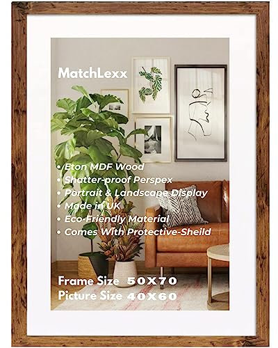 MatchLexx® Rustic | Poster Pictures Frame 50 x 70 With White Mount 40 x 60 Photo Frame | Solid Wood Poster Frames Jigsaw Puzzle Artwork Vertical or Horizontal For Home and Office