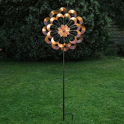 XXL Doppel Windrad ANTIK - Gartendeko - Metall - Erdspieß - H: 1,80m - kupferfarben (Motiv 1)