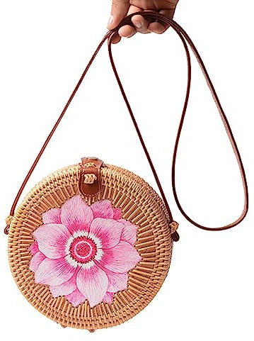 Surakey Rond Sac en Rotin, Boheme Sac à Main en osier, Femme Sac en Paille Tressée Avec Bandouliere en PU, Sac à Bandoulière Vintage, Sac de Plage d'été, Sac Fait Main Pour Voyage, Date et Vacances