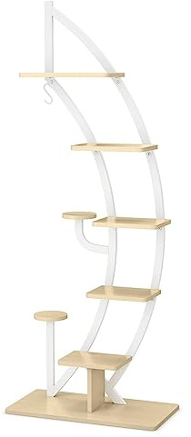 GiantexUK 8-Tier Plant Stand, Metal Garden Flower Pot Holder Display Rack with Top Hook and Anti-Toppling Device, Tall Ladder Display Shelf for Indoor Outdoor (Natural + White)