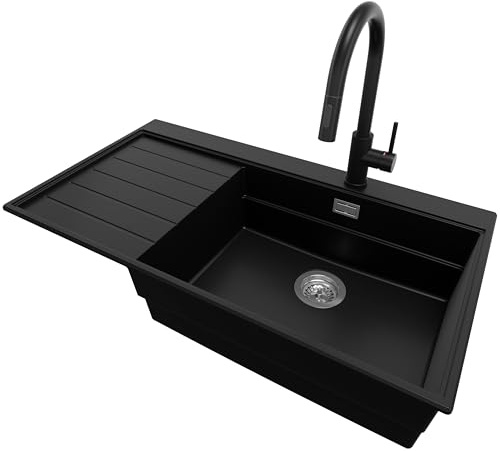 PRIMAGRAN Evier Cuisine en Granit Noir 90x50cm, Lavabo 1 bac + Robinet 40x20cm + Kit de Vidage, Évier à Encastrer al mueble 60cm - Sydney S399