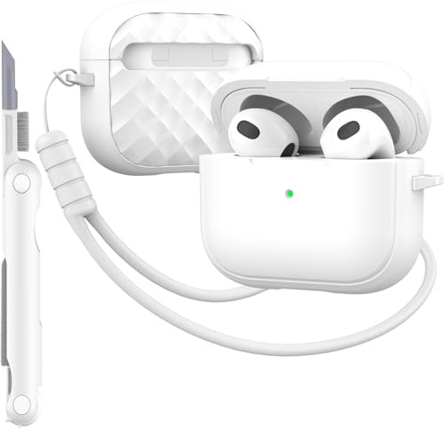 MHYALUDO-Hülle kompatibel mit AirPods 3 Generation mit Reinigungsset, vollständiger Fallschutz mit Trageband, Farbe,Jugendliches Macaron, kompatibel mit Airpods 3-Ladehülle, Weiß