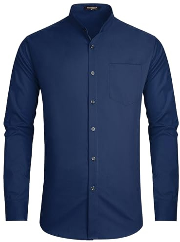 HISDERN Mens Shirts Long Sleeve Navy Blau Dress Shirts for Men Adult Collarless Shirt Men Casual Business Shirt with Pocket 4XL