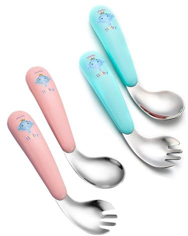 4 Teilig KinderBesteck Edelstahl, Baby Utensilien Löffel Gabel Set, Esslernbesteck Baby,Kinder Besteck Set,lernlöffel baby Löffel Gabel, Bringen Sie Ihrem Baby den Spaß,Selbstständig Essen