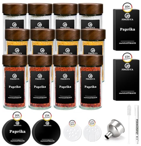 SAEIV Umweltfreundlicher Kappen aus Akazienholz Gewürzgläser orbicular -Set | 12 Gewürzdosen Mit Gewürzetiketten | Perfekte Organisation Küche Gewürz Organizer | 100ml Gewürzbehälter aus Glas