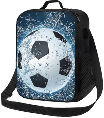 VKWE Lonchera de fútbol para niños y niñas, bolsa de almuerzo aislada con diseño de fútbol 3D, reutilizable, bolsa de almuerzo cálida con soporte para botella de bebidas para escuela, picnic, viajes,