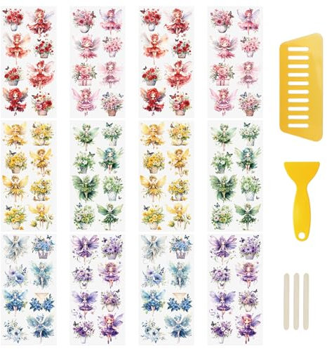 WANDIC 12 Blatt Glitzer-Aufkleber zum Aufkratzen, Blumenfee, Transferaufkleber, Schmetterlings-Aufkleber, wasserdichte Aufkleber für Grußkarten