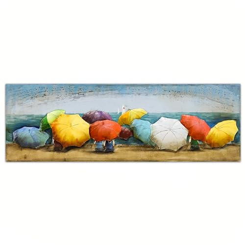 SEART Metal Kunst Bild 3D-optik Strand - Meer - Schirme - Sommer Ebenen Metallbilder Groß XXL 150x50x7 cm