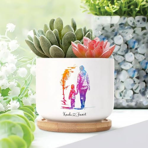 WoGuangis Lot de 5 pots en céramique colorés pour maman et enfant - Nom personnalisé - Petits pots pour plantes grasses - Aquarelle - Silhouette de mère - Enfant - Pot de plantes grasses en pot avec